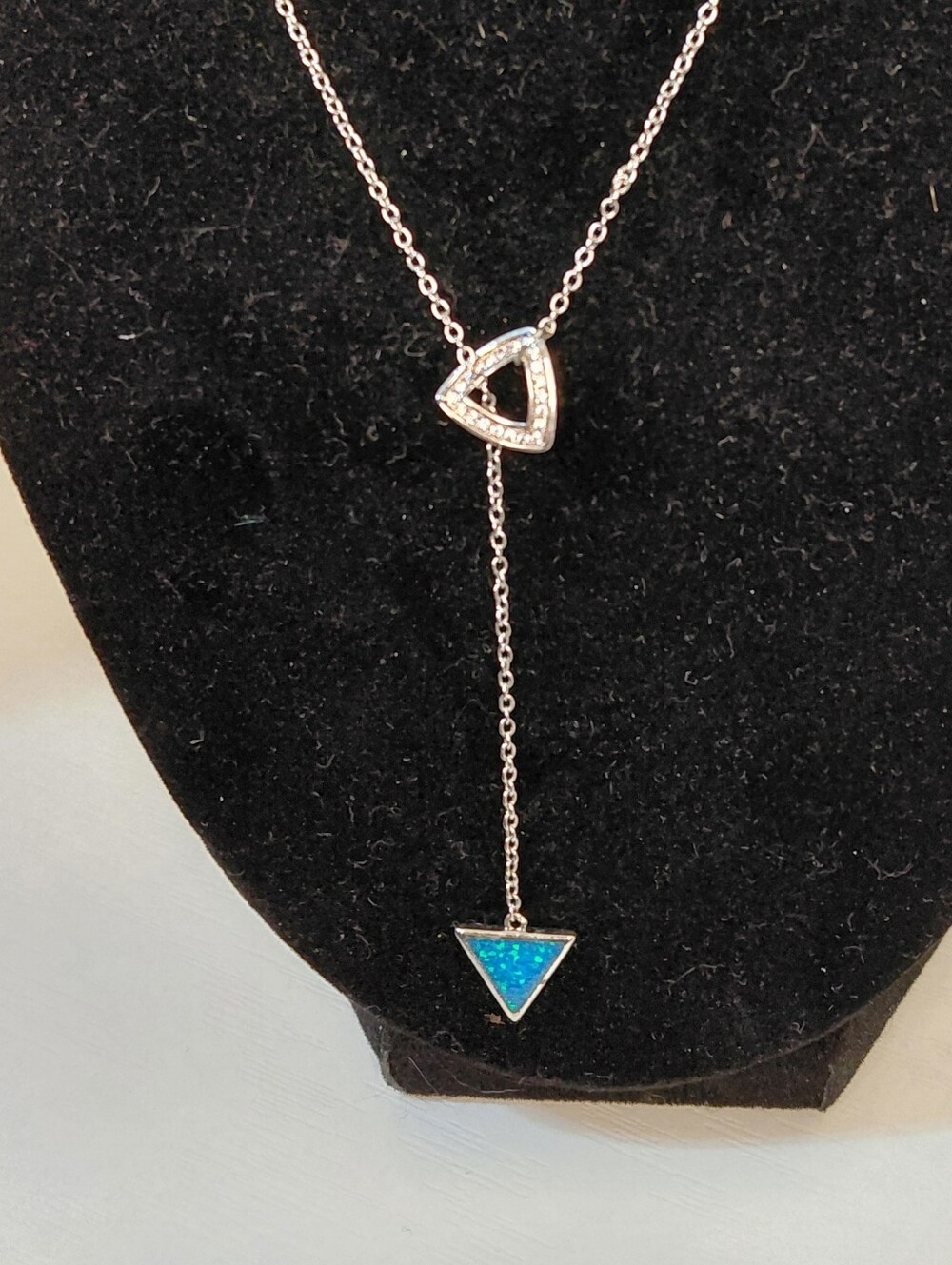 New Adjustable Silver Teardrop & Blue Opal Triangle Lariat Necklace - Women - Picture 3 of 8